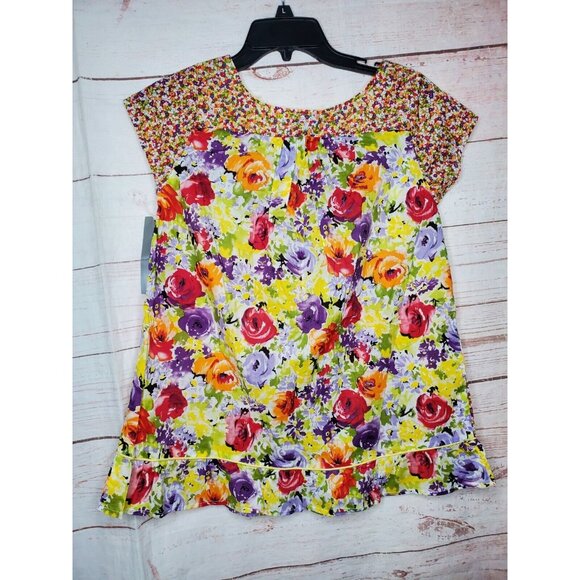 Harve Benard Small Cotton Floral Flare Hem Multicolored Elegant Top - Picture 7 of 10